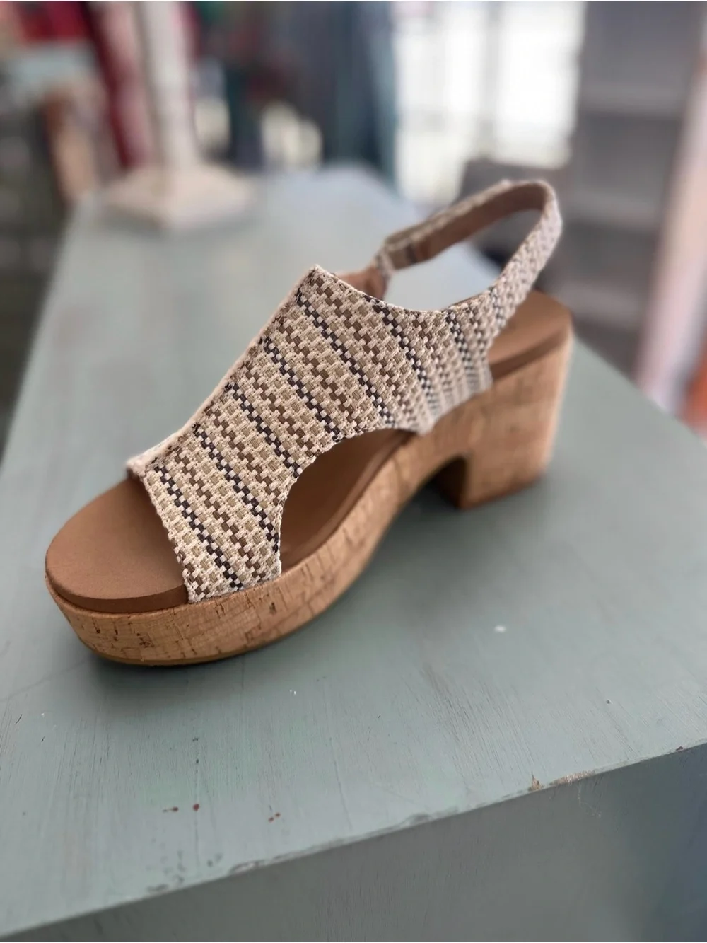 Corkys Beige Woven Platform Sandal with Cork Block Heel “Miss Carley “